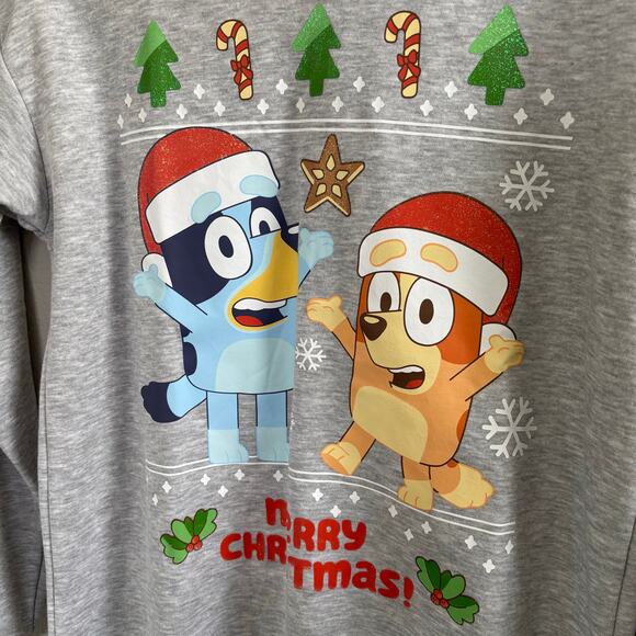 NWT Bluey Gray Christmas Sweatshirt Bluey and Bingo wearing Christmas hats Large - Picture 7 of 7